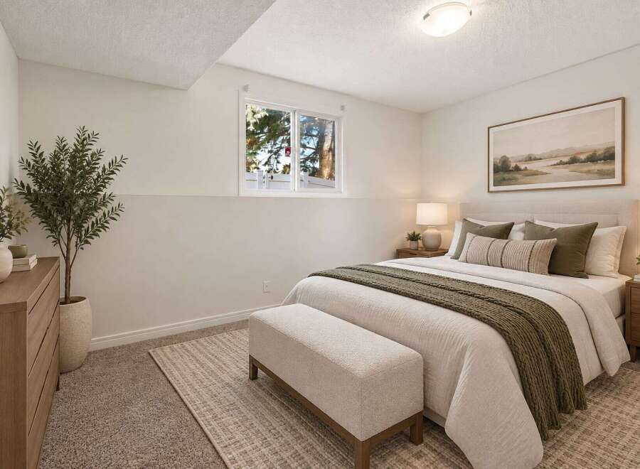 Discover comfort and style in this beautifully staged bedroom, featuring a plush bed adorned with cozy linens and accent pillows.