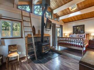 Cozy cabin retreat featuring a rustic wood-burning stove and a charming ladder leading to lofted windows.