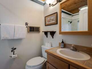 This charming bathroom features a rustic aesthetic with pinecone-themed towel and toilet paper holders.