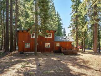 Nestled amongst tall pine trees, this charming wooden home offers a serene retreat.