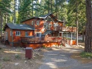 Nestled amidst towering pine trees, this charming wooden cabin offers a serene retreat.