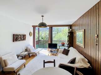 Experience breathtaking mountain views from this charming living room, featuring a large balcony perfect for enjoying the scenery.