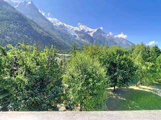 Experience breathtaking mountain views from this stunning property, nestled amidst lush greenery and vibrant trees.