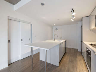 Experience modern living in this stunning condo featuring a sleek, open-concept kitchen with a large island and integrated appliances.