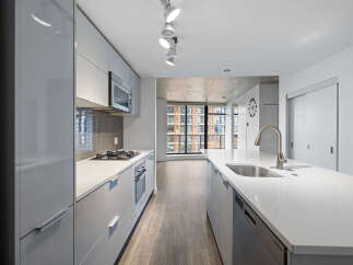 Experience modern living in this sleek kitchen featuring glossy grey cabinetry and a pristine white quartz countertop.