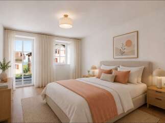 Experience serene living in this beautifully appointed bedroom, featuring a plush king-sized bed adorned with tasteful coral and neutral accent pillows.