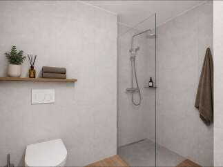 Experience modern bathroom design with this sleek shower enclosure and minimalist toilet.
