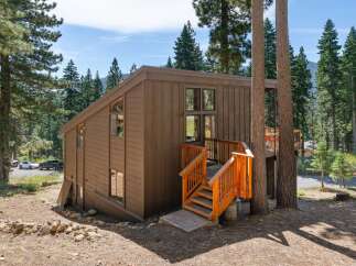 Nestled amidst tall pine trees, this charming cabin offers a serene mountain retreat.