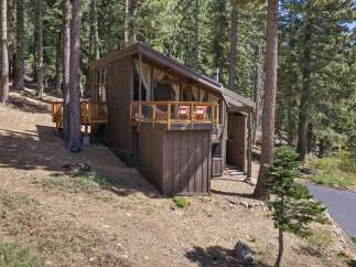 Nestled amongst tall pine trees, this charming cabin offers a serene mountain retreat.