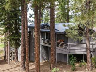 Nestled amongst tall pine trees, this modern home offers a serene retreat with its multi-level decks and gray siding.