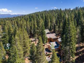 Nestled amidst a dense forest of towering pine trees, this property offers a serene mountain retreat.
