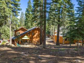 Nestled among tall pine trees, this charming wooden cabin offers a serene mountain getaway.