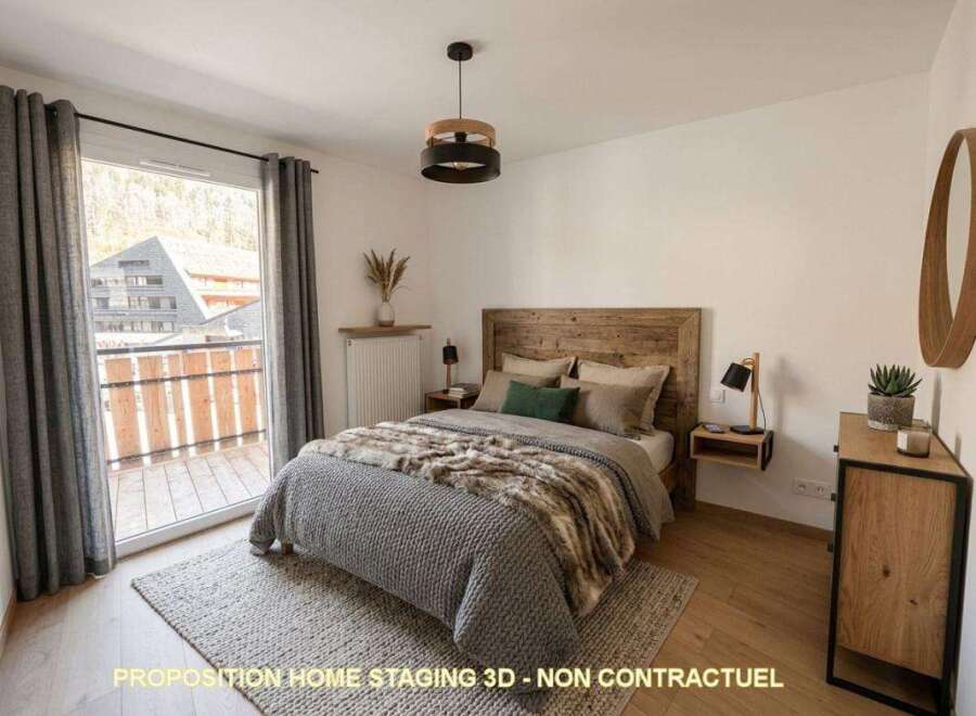 Experience cozy mountain living in this charming bedroom, featuring a rustic wooden headboard and plush bedding.