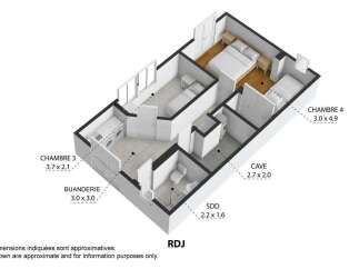 Discover this charming property featuring four distinct rooms, including two bedrooms (Chambre 3 and Chambre 4) and a versatile laundry area (Buanderie).