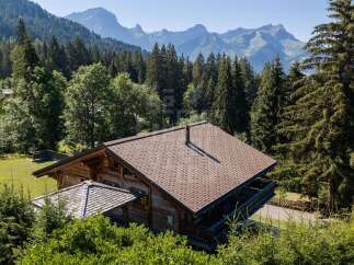 Experience serene mountain living in this charming wooden chalet, nestled amidst lush pine forests with breathtaking views of majestic peaks.
