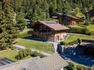 Experience luxury mountain living in this stunning chalet, nestled amidst a serene forest landscape.