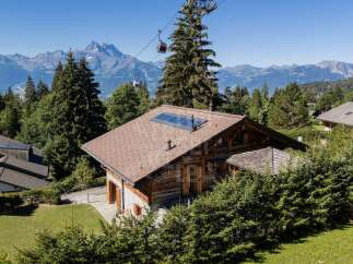 Experience breathtaking mountain views from this charming wooden chalet, nestled amidst lush greenery and towering pine trees.