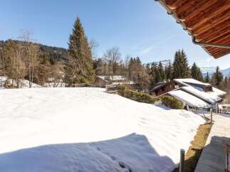 Experience the charm of a winter wonderland from this property, featuring a cozy wooden chalet nestled amidst snow-covered landscapes and majestic pine trees.