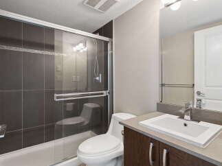 This modern bathroom features a sleek glass-enclosed shower with dark tiled walls, complemented by a clean white toilet and a stylish vanity with a vessel sink.