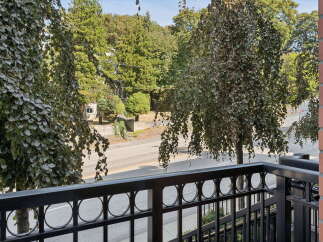 Enjoy the serene views from this balcony, framed by lush weeping trees.