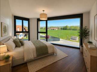 Experience breathtaking panoramic views from this stunning bedroom, featuring expansive floor-to-ceiling windows that overlook lush green fields and a charming countryside landscape.