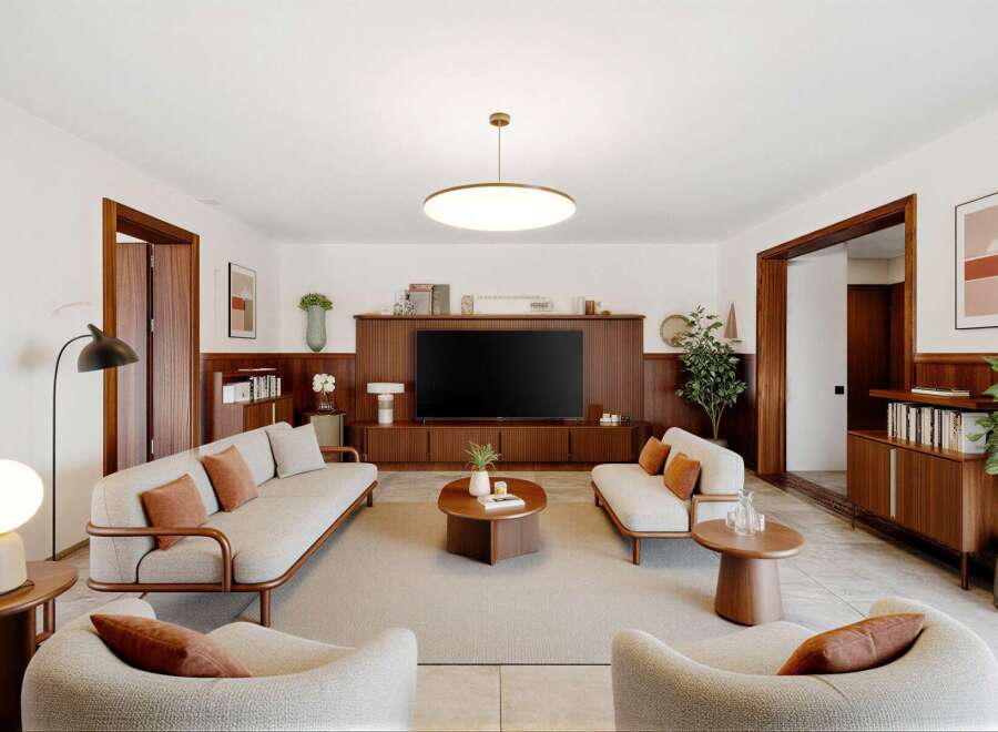 Experience modern living in this beautifully appointed living room, featuring a sleek entertainment center with a large TV and ample storage.