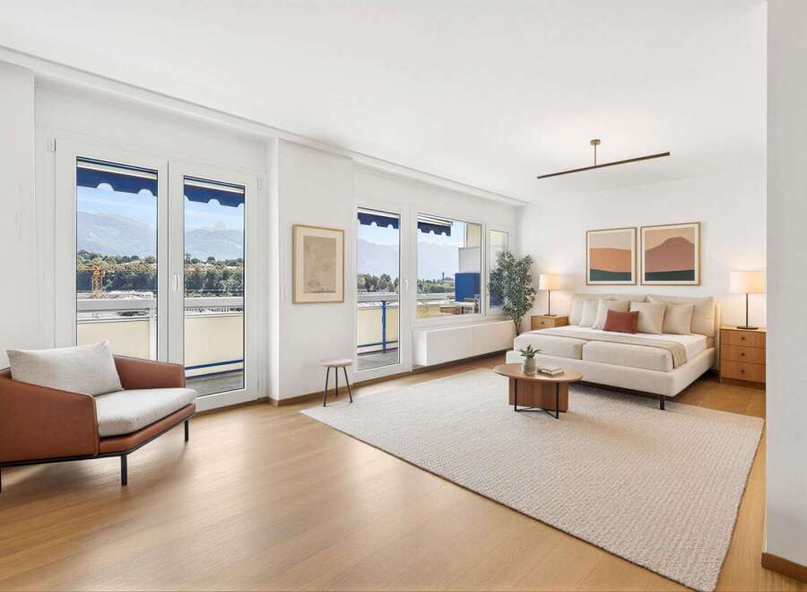 Experience luxurious living in this spacious bedroom featuring a king-size bed and stunning mountain views from the balcony.