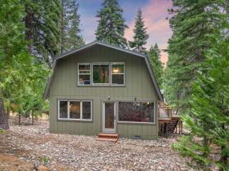 Nestled amidst towering pine trees, this charming green home offers a serene retreat.