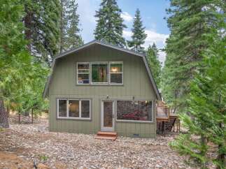 Nestled amidst towering pine trees, this charming green home offers a serene retreat.