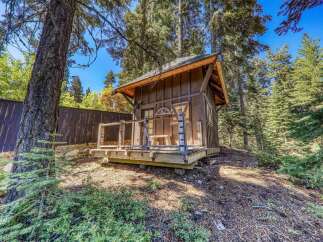 Discover this charming rustic cabin nestled amongst tall pine trees, offering a serene escape.