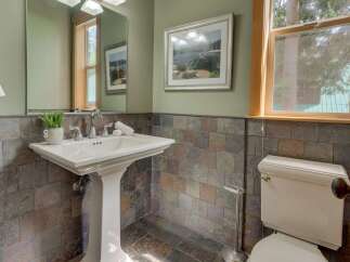 This charming bathroom features a pedestal sink with a chrome faucet, complemented by a decorative plant.