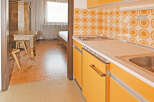 Step into a charming retro kitchen featuring vibrant orange cabinetry and a unique sunburst tile backsplash.