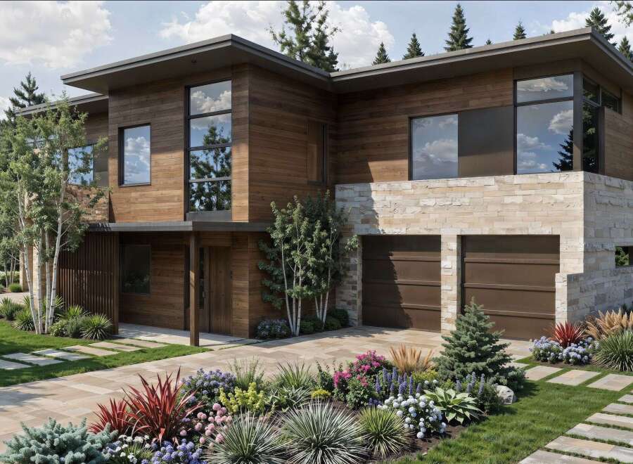Experience modern luxury in this stunning home featuring natural wood siding and a striking stone facade.