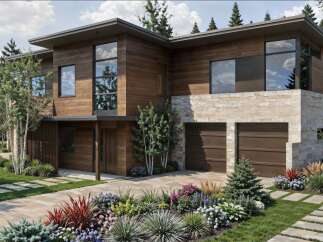 Experience modern luxury in this stunning home featuring natural wood siding and a striking stone facade.