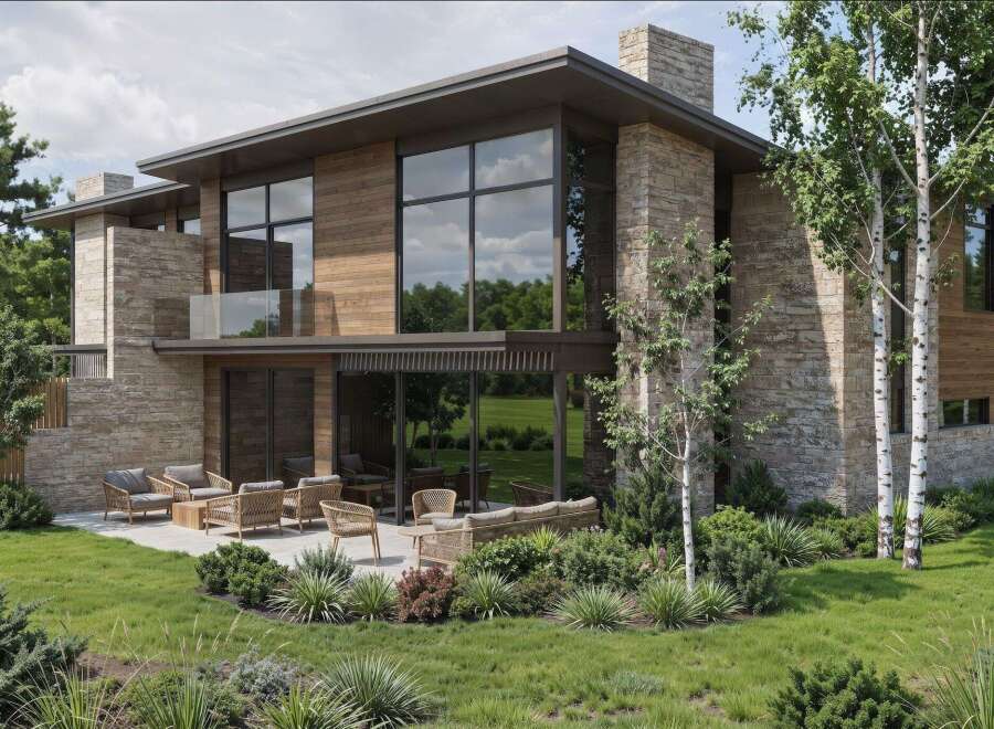 Experience modern luxury in this stunning home featuring expansive windows and natural stone accents.