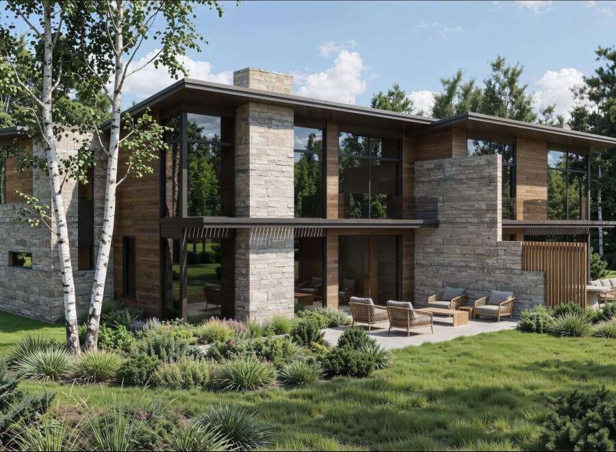Experience modern luxury in this stunning home, featuring a harmonious blend of natural stone and warm wood exteriors.