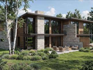 Experience modern luxury in this stunning home, featuring a harmonious blend of natural stone and warm wood exteriors.