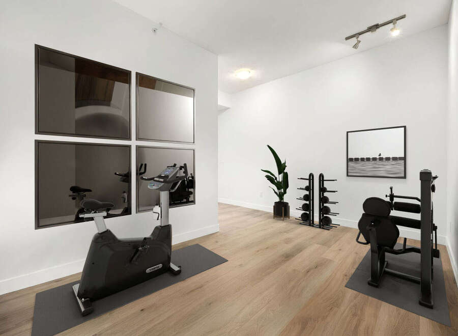Elevate your fitness routine in this dedicated home gym, featuring a stationary bike and a versatile weight machine.