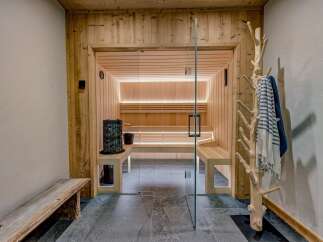 Experience ultimate relaxation in this modern sauna, featuring natural wood paneling and ambient lighting.