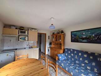 Discover this charming studio apartment featuring a compact kitchen equipped with essential appliances and ample cabinet space.