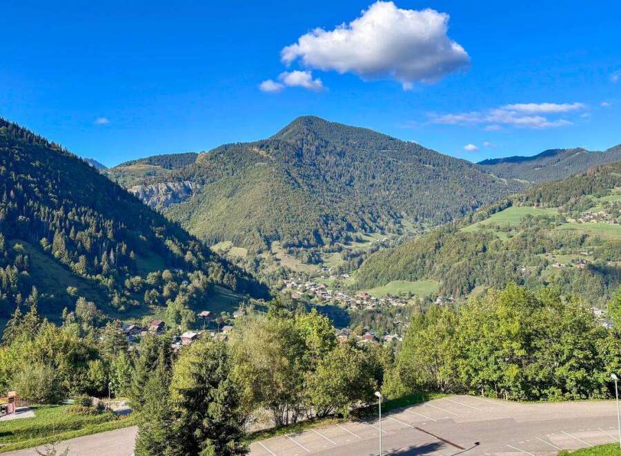 Experience breathtaking mountain views from this stunning property, nestled in a serene valley surrounded by lush forests.