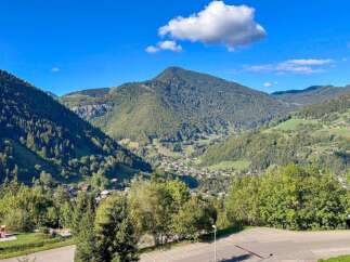 Experience breathtaking mountain views from this stunning property, nestled in a serene valley surrounded by lush forests.