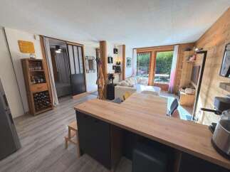 Discover this charming apartment featuring a cozy living area with a comfortable sofa and a modern kitchen island, perfect for entertaining.