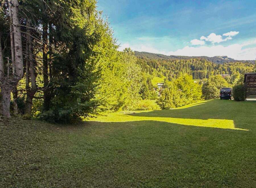 Experience the charm of this mountain property, featuring a spacious green lawn perfect for outdoor activities and relaxation.