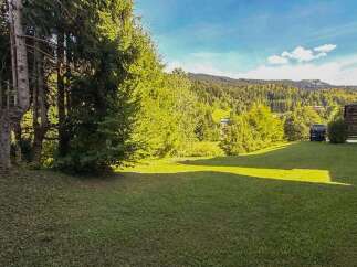 Experience the charm of this mountain property, featuring a spacious green lawn perfect for outdoor activities and relaxation.