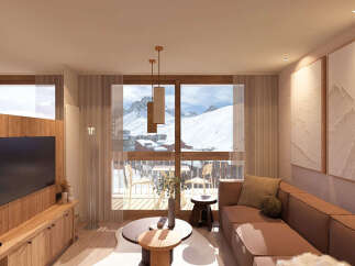 Experience breathtaking mountain views from this luxurious living room, featuring a large sectional sofa perfect for cozy evenings.