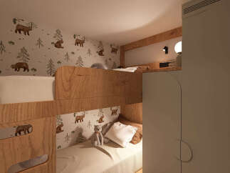 Discover this charming children's room featuring cozy bunk beds with a playful bear and tree-themed wallpaper.