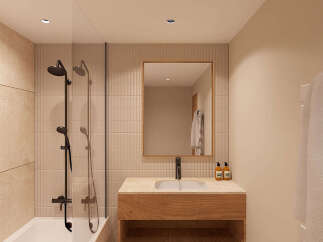 Experience modern comfort in this beautifully designed bathroom, featuring a sleek bathtub and shower combination with elegant black fixtures.