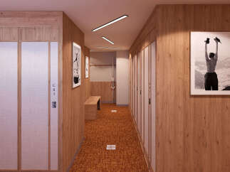 Discover this modern locker room, featuring a warm wood-paneled hallway lined with sleek, numbered lockers.