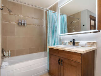 This modern bathroom features a spacious bathtub with a convenient showerhead and a triple-dispenser for toiletries.